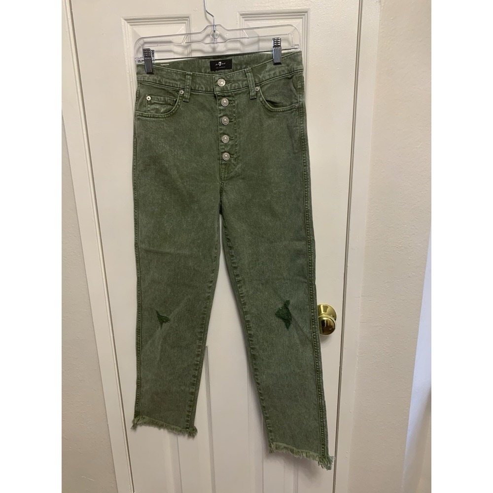 NWT 7 For All Mankind Womens High Waist Cropped Straight Distress Denim Green 28